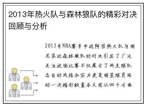 2013年热火队与森林狼队的精彩对决回顾与分析