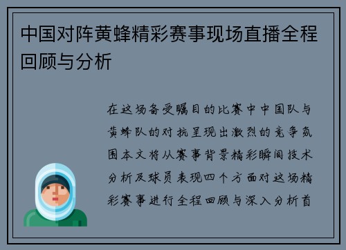 中国对阵黄蜂精彩赛事现场直播全程回顾与分析